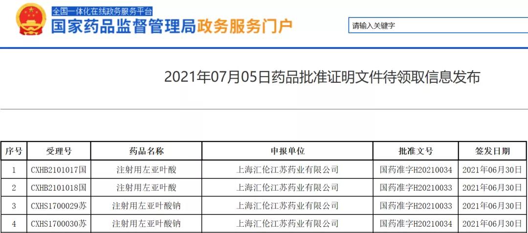 注射用左亚叶酸获批上市 中国首家获批注射用左亚叶酸公司